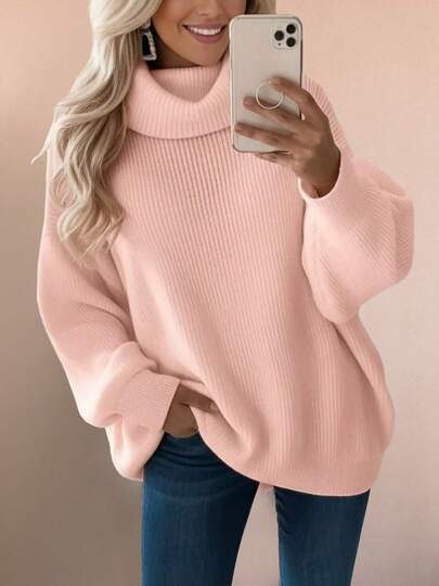 Women's Fall/Winter Casual Pink Top Sweater Fashion With A Simple Solid Color Knit Pile Turtleneck Sweater
