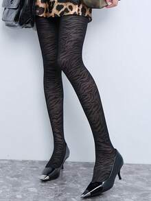 1双斑马纹独特黑色透明连裤袜，高度透明性感紧身裤，可作打底裤/丝袜穿着 - 黑色 - 查看 5