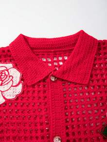Áo sơ mi nam tay ngắn cổ polo cài cúc đơn Andreilee dáng rộng, họa tiết hoa hồng rỗng, unisex, thích hợp cho mùa xuân/hè. - Đỏ - Xem 4