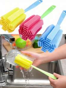 1pc Non-Electric Long Handle Sponge Brush, Durable Plastic Material, Kitchen Cleaning Tool, Suitable For Glass Bottles, Cups, Etc. Random Color, Suitable For Household And Commercial Use, Can Be Used For Sponge Cleaning, Bottle Cleaning, Multi-Functional Cleaning Tool, Ergonomic Handle. - Multicolor - View 1