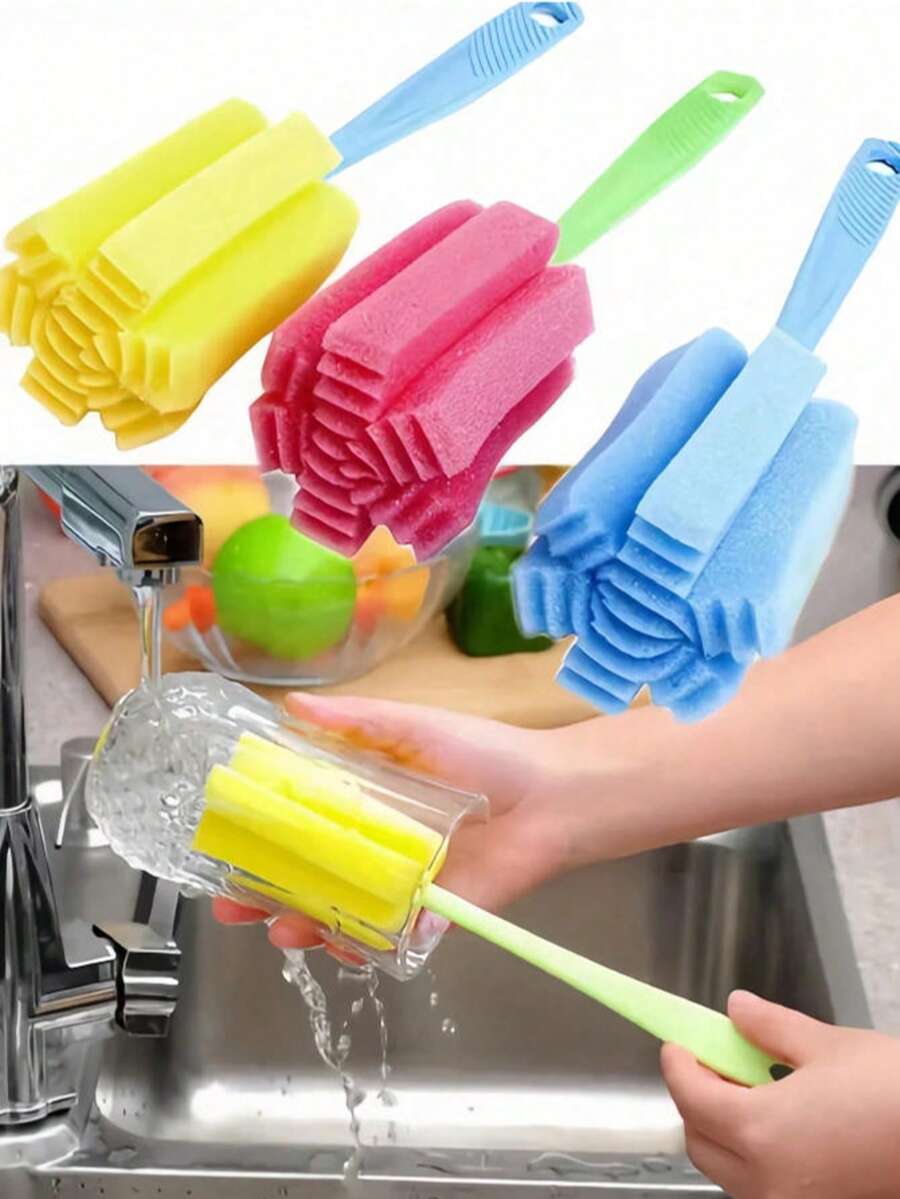 1pc Non-Electric Long Handle Sponge Brush, Durable Plastic Material, Kitchen Cleaning Tool, Suitable For Glass Bottles, Cups, Etc. Random Color, Suitable For Household And Commercial Use, Can Be Used For Sponge Cleaning, Bottle Cleaning, Multi-Functional Cleaning Tool, Ergonomic Handle. - Multicolor - View 1