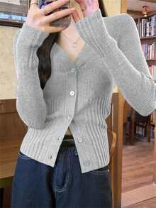 Women's Slim-Fit Gray Ribbed Knit Cardigan | V-Neck Button-Front Layering Top For Christmas Parties, Date Nights & Office Commutes - Light Gray - View 3