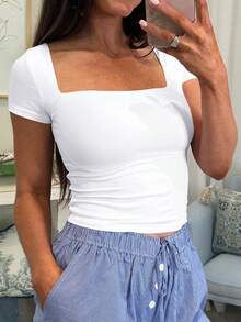 Vaiaye 女士纯色针织方领性感修身 Y2K 短袖 T 恤，春夏运动上衣，适合情人节穿着