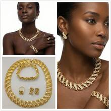 Bộ trang sức xoắn chéo Chunky, Hoa tai cô dâu truyền thống, Vòng cổ, Vòng tay và Nhẫn hợp kim kẽm mạ vàng 18K, Phụ kiện tiệc đính hôn cho tiệc cưới - hoa tai - Xem 5