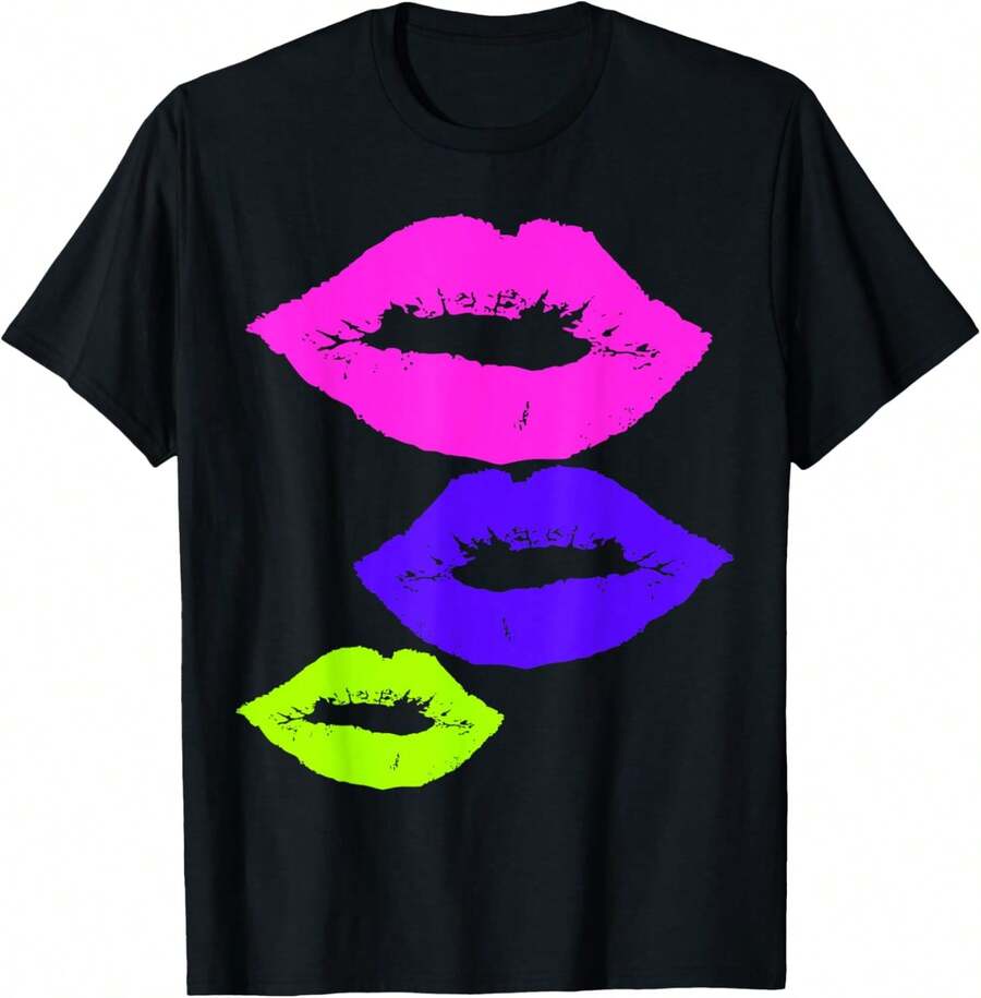 Impresión de Labios Rosa Verde Púrpura - Camiseta de Labios Coloridos - Negro - Ver 1