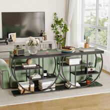 Mesa de entrada con espacio de almacenamiento, consola estrecha industrial de 4 niveles detrás del sofá con base semicircular y estantes para sala de estar, pasillo y recibidor - Negro - Ver 5
