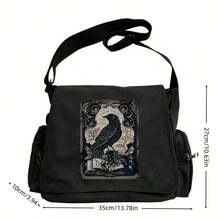 大容量乌鸦印花单肩包，复古翻盖手提斜挎包，适合各种场合——购物、旅行、用餐、送礼，大号斜挎包，女士小手提包，高品质女士背包，女士迷你单肩包，耐用面料，时尚，可作笔记本电脑包，书包，学院风学生单肩包，适合工作、学习和户外活动 - 黑色 - 查看 5