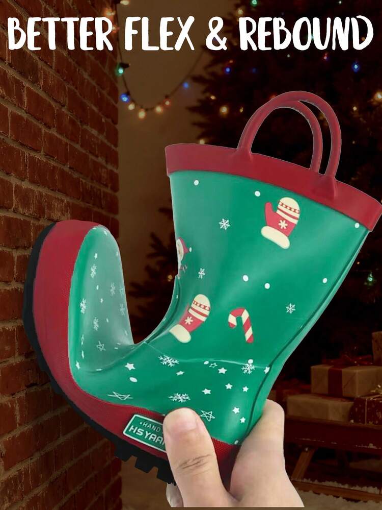 儿童圣诞雨靴，绿色带提手，防水易清洁，绝佳的圣诞节礼物 - 綠色 - 查看 2