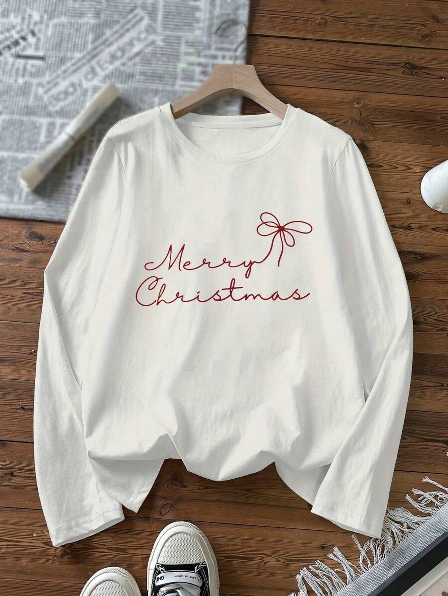 Gentle Christmas Style! Burgundy Bow Merry Christmas Print White Cotton Long-Sleeved T-Shirt, Women's Long-Sleeved T-Shirt, Cotton Long-Sleeved Crew Neck Top, Women's Top, 100% Cotton, Autumn And Winter, Winter Lining, Pullover, Sweatshirt, Women's Clothing, Autumn And Winter, Comfortable Fit, Autumn And Winter Clothing, Daily Travel - White - View 1