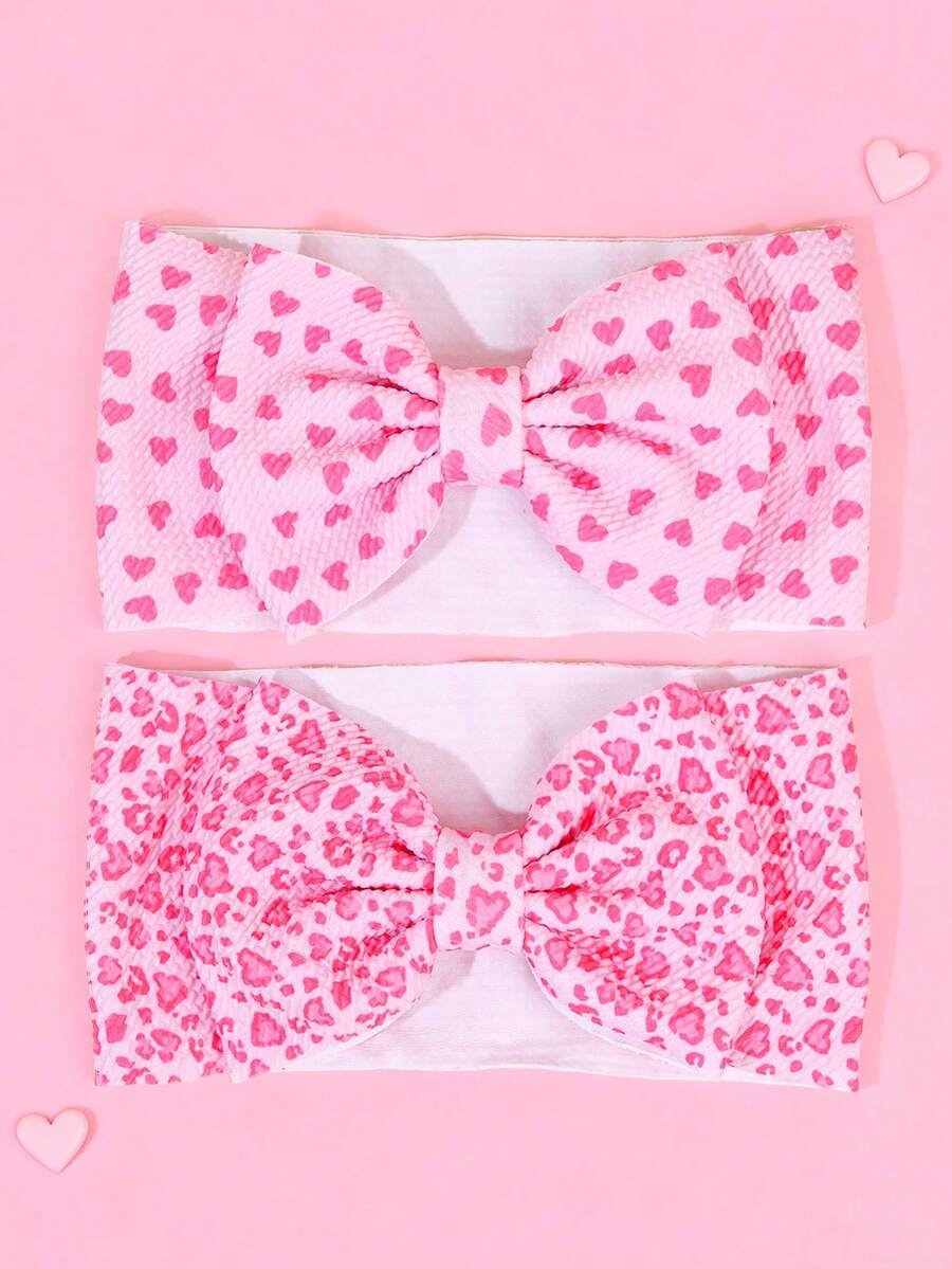 2PCS Valentine's Day Hair Bows For Girls Pink Baby Breathable Headband Baby Bow Headbands For Girls Waffle Tied Bow Hairbands Cute Red Heart Head Wraps Hair Accessories For Infant Toddler Kid - Multicolor - View 1