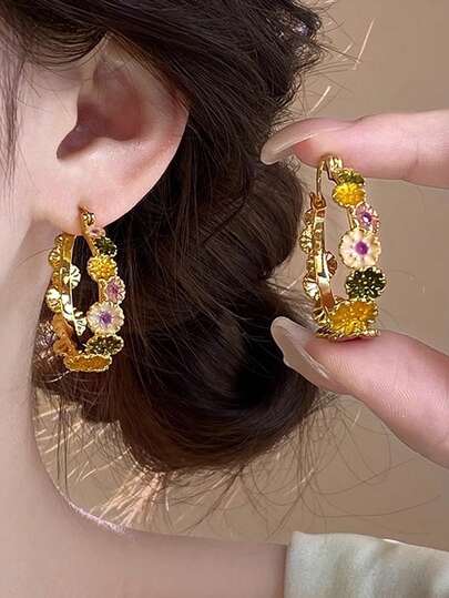一对高端彩色花朵耳环，田园风格，时尚高端，甜美精致的耳钩，优雅艺术的大耳环