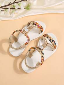 2026新款凉鞋，儿童凉鞋，沙滩凉鞋，名牌凉鞋，时尚米色凉鞋，闪亮钻石凉鞋，波西米亚风凉鞋，舒适耐穿，手工编织鞋带 - 白色 - 查看 4