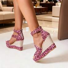 Women's Peep-Toe Thick Bottom Wedge High Heel Sandals, Waterproof Platform Peep Toe Roman Shoes, Summer - Pink Leopard Print - View 2