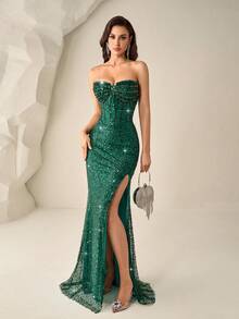 Đầm Astony One mới, gợi cảm, thanh lịch, xẻ tà, đính sequin, kiểu cổ yếm, đầm dạ hội màu xanh lá cây lấp lánh, xẻ tà cao. - màu xanh lá - Xem 1