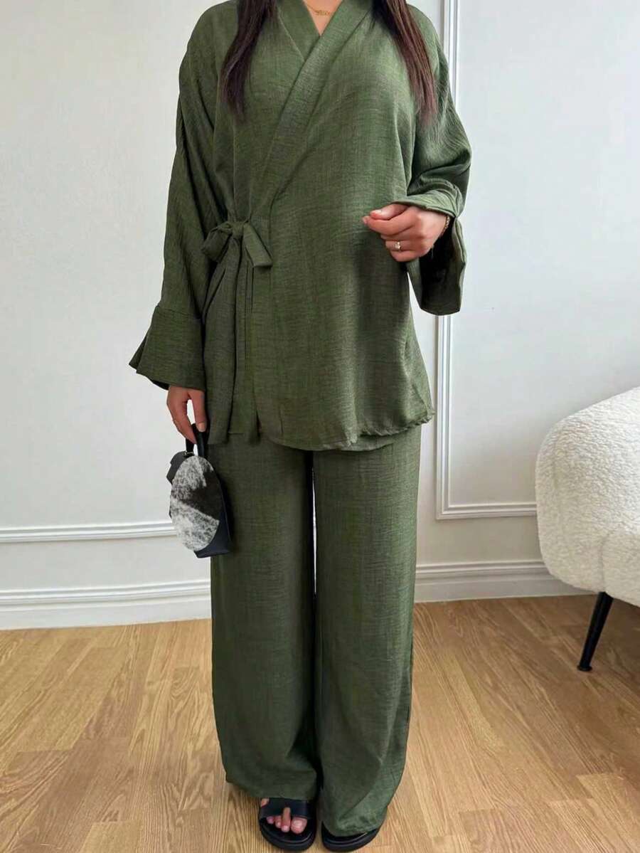 Women's Middle Eastern Style Lace-Up Long Sleeve Top And Loose Comfortable Wide Leg Pants 2 Pieces Set Spring - Army Green - View 1