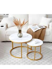 1 Juego de mesa de centro redonda anidada chapada en oro con tablero de mármol de madera y marco de metal resistente, adecuada como mesa auxiliar para sala de estar, dormitorio, balcón y patio - Dorado - Ver 4