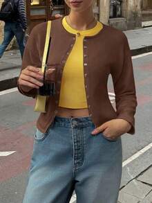 女士秋冬新款法式浪漫休闲百搭简约优雅针织开衫 - 咖啡棕 - 查看 2