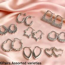 6 أزواج/الكمية أقراط أنيقة للنساء ذات تصميم هندسي وقلب، من الفولاذ المقاوم للصدأ، إكسسوارات مجوهرات يومية وحفلات، هدايا للأصدقاء