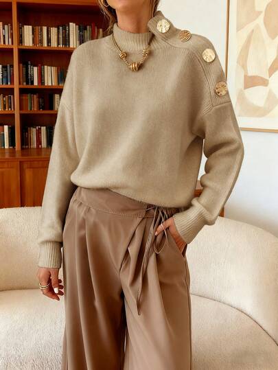 Suéter de manga larga con botones metálicos de una sola hilera y cuello redondo sin tirantes para mujer, moda informal de otoño e invierno, versátil, sencillo, unicolor, para vacaciones, atuendos de brunch.