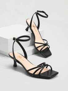 Women's Kitten Heels Square Open Toe Adjustable Strappy Low Heels Ankle Strap Summer Party Dress Heeled Sandals Ensuring Comfort And Breathability On Hot Summer Days Suitable For Prom, Parties, Weddings, Graduations, Cocktail Parties, Work, Travel, Vacations - 黑色 - 查看 6