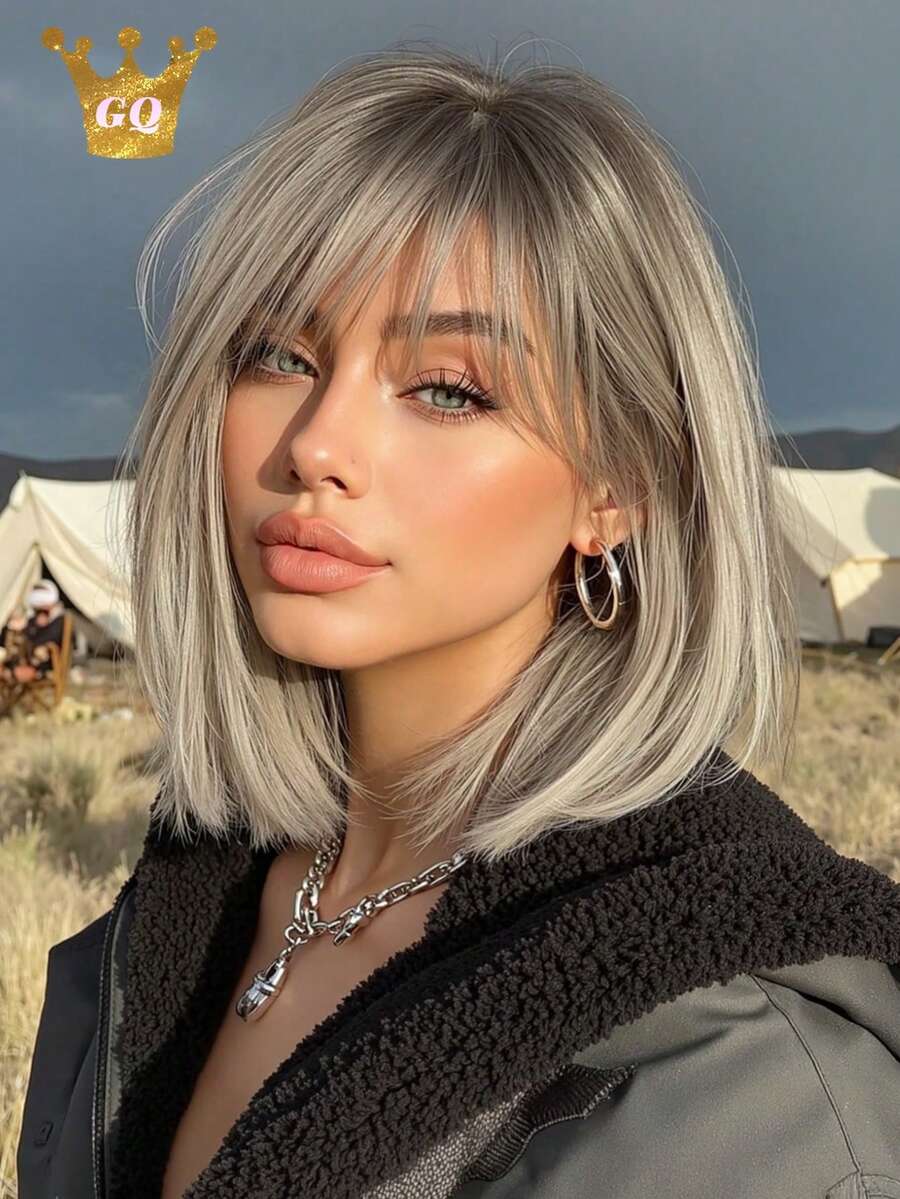12 Inch Ombre Golden Short Straight Bob Wig, Women's Natural Heat Resistant Synthetic Wig With Bangs, Mother's Day Gift, Suitable For Daily Wear And Parties - Gold - View 1