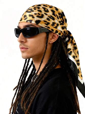 1PC 90 Type Square Scarf Black And Gold Baroque Printed Leopard Satin Headscarf Pants Chain Large Square Headpiece Hip Hop Rap Style Streetwear Accessories Suitable For Birthday, Holiday, Party, Travel, Streetwear, Accessories Etc