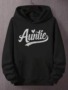 Sudadera con capucha de talla grande para hombre con estampado de la palabra "Tía" - Sudadera casual de poliéster negro con detalle de corazón, lavable a máquina, sudadera con capucha, talla grande - Negro - Ver 12