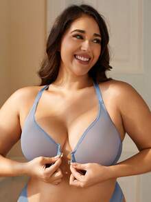 WINGSLOVE Damen Große Größen Tiefer V-Ausschnitt Vorderverschluss Transparenz-BH, Sexy Unterbügel Ungepolstert, Kreuzriemen Rückenfreies Design - Graublau - Übersicht 2