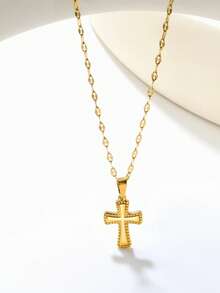 1 pièce Collier pendentif croix, style classique hip hop décontracté en acier inoxydable, utilisé pour les cadeaux d'Halloween, Noël, Pâques, accessoires de bijoux polyvalents pour un usage quotidien - Doré - Voir 7