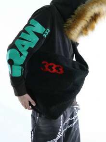 时尚大容量羊羔绒刺绣拉链多口袋斜挎包 - 黑色 - 查看 2