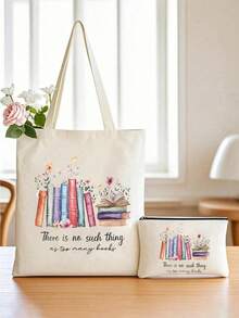 Set de 2 piezas: Bolso de hombro y bolso de maquillaje con el patrón "No existe tal cosa como demasiados libros", bolsas de lona plegables y ligeras, regalos de viaje, playa y cumpleaños para mujeres, bolso de viaje, bolso de equipaje, bolso de lona, bolso de noche, bolso grande y duradero, organizador de viaje, artículos esenciales para cruceros y vacaciones para hombres y mujeres - Multicolor - Ver 3