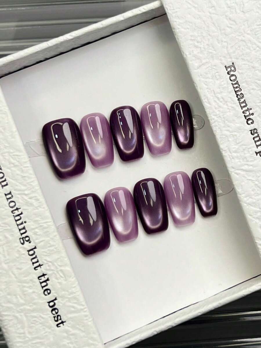 10片手工方形亚克力美甲贴纸，短款/中款可选，简约紫色美甲，闪亮猫眼美甲，优雅奢华手工美甲，秋季美甲贴纸，可爱美学，百搭美甲，DIY假指甲，适合派对、日常、约会、海滩、热带度假，可重复使用，送给女性和女孩的礼物，美甲用品 - 紫丁香色 - 查看 1