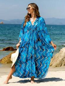 2026 Spring/Summer Fashion Printed V-Neck Batwing Sleeve Maxi Kaftan Dress, Stylish Loose & Comfortable Kaftan Loungewear - Mint Blue - View 5