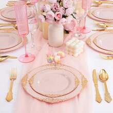 50pcs Pink-Edged Plastic Cutlery Set, Disposable Cutlery, Including 10 10.25-Inch Plates, 10 7.5-Inch Dessert Plates, 10 Knives, 10 Forks, And 10 Spoons. Suitable For Birthday Parties/Weddings/Holiday Gatherings-Christmas. - 粉色 - 查看 2