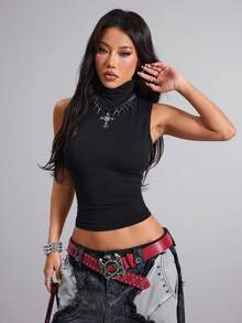 女士时尚性感黑色吊带背心/露背高领马甲/时尚黑色上衣，适合日常通勤/约会/派对/度假/音乐会/情人节穿着，沙滩装，女士外套 - 黑色 - 查看 5