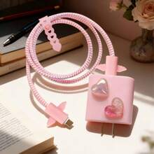 5pcs/Set Pink Heart-Shaped Protective Case Compatible With Apple Data Cables, Suitable For 18-20W Chargers, Anti-Breakage And Anti-Scratch - Pink - View 2
