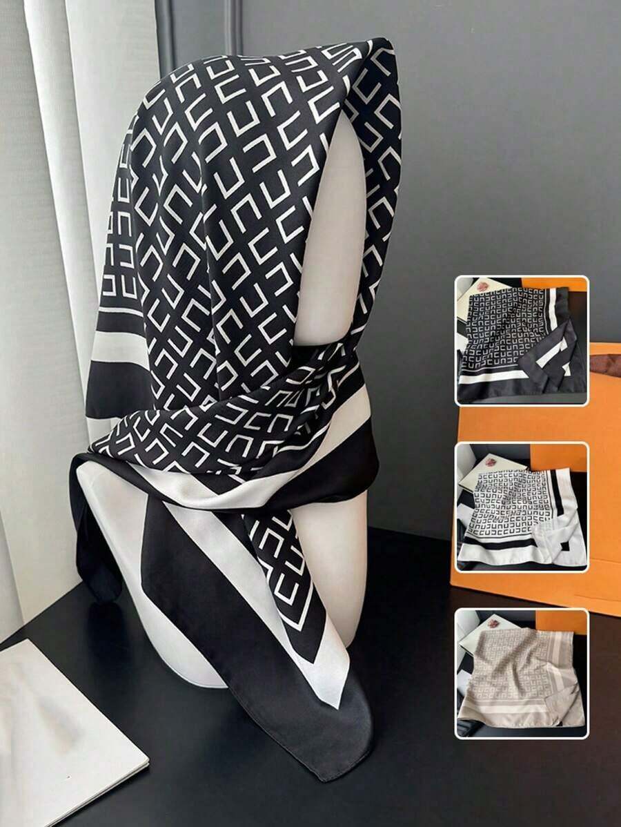 1pc 90*90CM Twill Satin Geometric Pattern Printed Large Square Bandana, Women Fashion Simple Elegant Printed Head Bandana, Casual Commuter Neck Bandana, Travel Sun Protection Decor Neck Gaiter For Dress - 方巾 - 查看 1