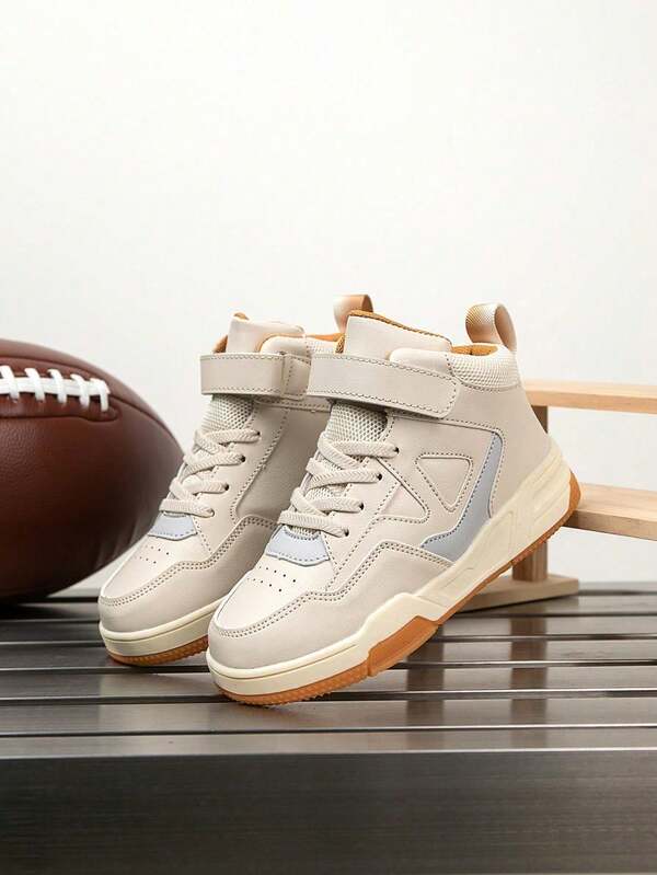 1 par de zapatos deportivos casuales de caña alta para niños, con parte superior de cuero transpirable, fácil de poner y quitar, ligeros y antideslizantes, diseño de bloques de color cómodo y de moda, adecuados para niños y niñas