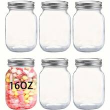 6 Piece Glass Jars, 16Oz Glass Mason Jars, Suitable For Kitchen Organization And Storage. Clear Glass Jars With Silver Metal Airtight Lids. Food Jars Suitable For Airtight Storage, Pickle Jars, Dried Fruit Storage, Honey Jars. Regular Airtight Lids. - 透明16OZ - 查看 10