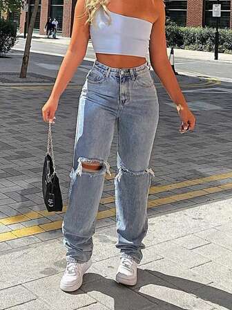 Calça jeans feminina casual com buraco no joelho, justa, reta, cônica, jeans mom, calça jeans