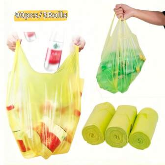 90 piezas/3 rollos Bolsas de basura con diseño tipo chaleco, diseño de desprendimiento fácil, bolsas de basura desechables para el hogar y exteriores, súper a prueba de olores y fugas, adecuadas para dormitorio, sala de estar, hotel, oficina y otras ocasiones, bolsas de clasificación de basura