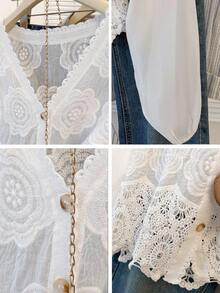 Camiseta de manga comprida vazada com patchwork retrô e decote em V