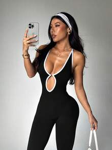 Women's Seamless Contrast Color Knot Detail Sports Jumpsuit - Black - View 1