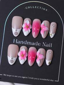 Adesivos de Unhas em Formato de Amêndoa Feitos à Mão no Estilo Francês Rosa Y2K & Padrões Esculpidos à Mão em 3D & Design de Estampa Degradê Pintada à Mão para Decoração de Unhas. 1 Peça de Gel de Gelatina e 1 Peça de Lixa de Unhas, Perfeito para o Dia a Dia, Bem como para Fantasias para Festas do Festival de Música Coachella, Unhas Postiças e Produtos de Cuidados com as Unhas. Suprimentos para Unhas - Rosa chiclete - Visão 3