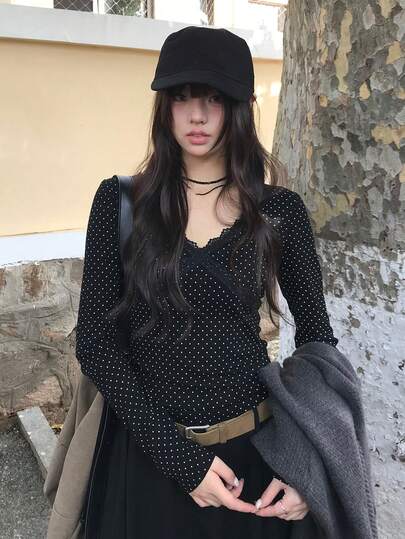 法式蕾丝波点荷叶边V领长袖女士春季修身吊带背心