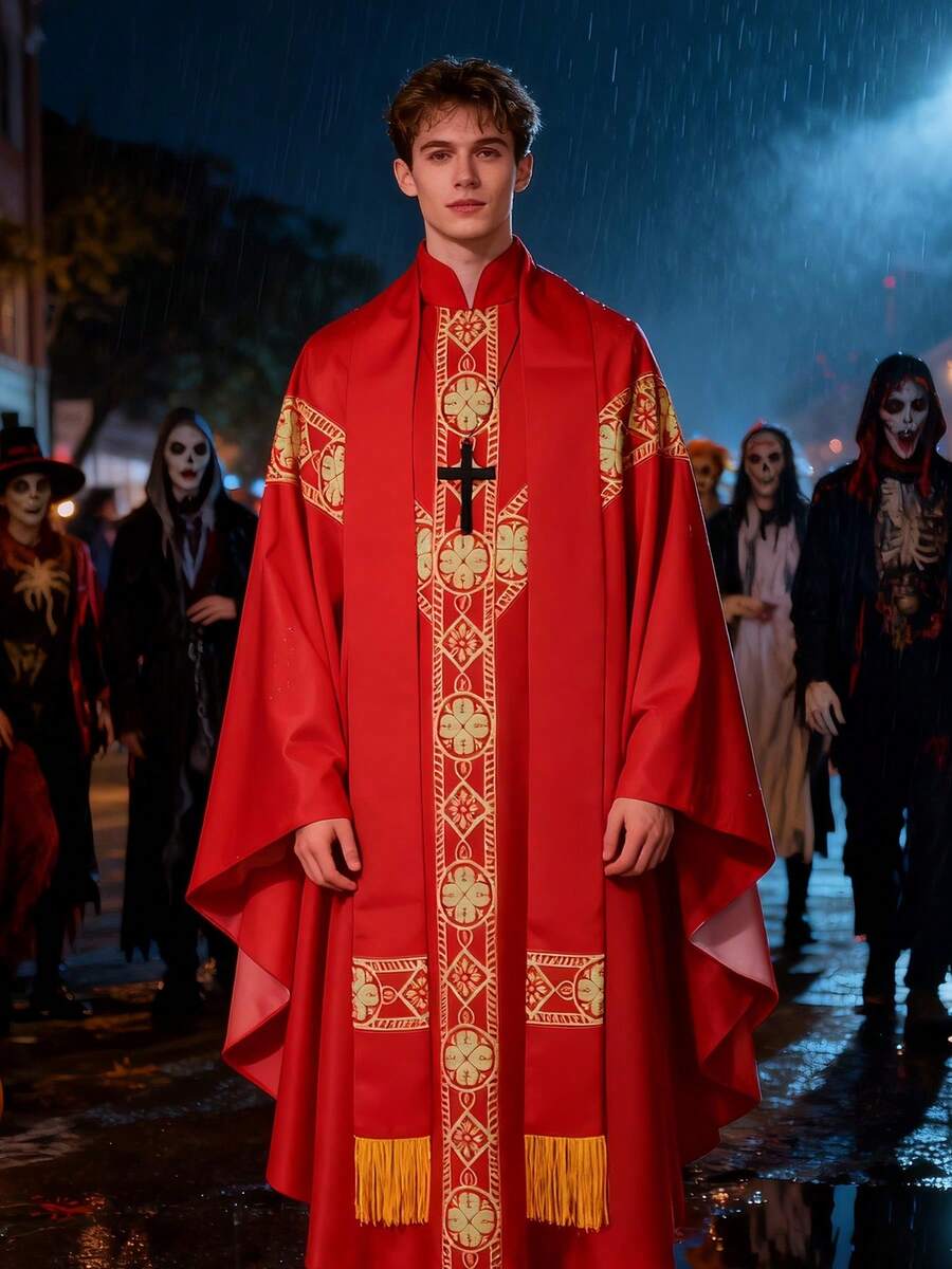 Medieval European Priest/Monk Robe Cosplay Costume, Includes: Printed Loose Robe, Fringed , Cross Accessory - Red - View 1