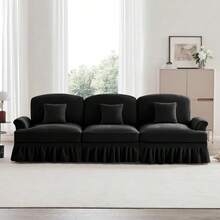 Canapé 3 places d'inspiration mid-century en chenille noire - Élégance rétro avec ses accoudoirs entonnoir, sa jupe à volants amovible et ses pieds fuseau emblématiques - défaut - Voir 12