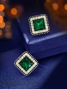 1 par de pendientes cuadrados de acrilico verde con decoración de rhinestones de lujo para boda, citas, fiestas y bailes