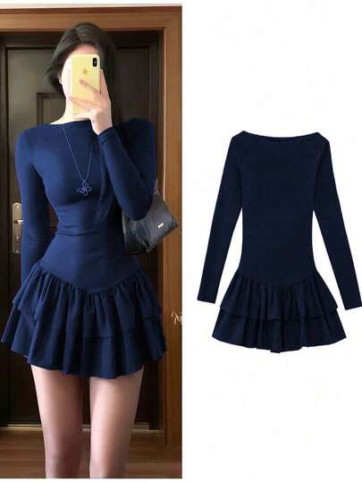 Vestido corto de manga larga con dobladillo de doble capa, nueva moda de otoño para mujer