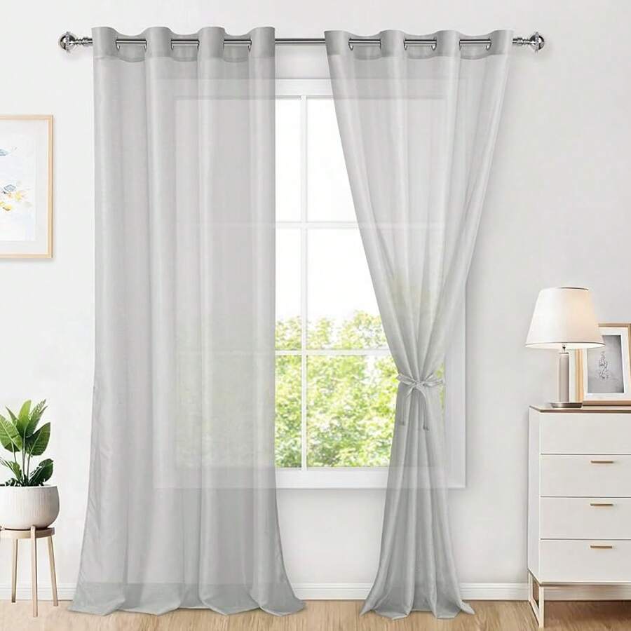 Hiasan Set Of 2 Sheer Voile Curtains Living Room With Eyelets Curtains Panel Curtains Transparent Airy Decorative Curtain For Bedroom 240 X 140 Cm (H X W) White - Grey - View 1